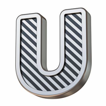 Stainless steel and black stripes font Letter U 3D rendering illustration isolated on white background