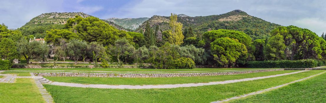 Panoramic summer landscape of the beautiful green Royal park Milocer on the shore of the the Adriatic Sea, Montenegro.