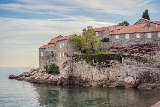 Beautiful view of the island of St. Stephen, Sveti Stefan on the Budva Riviera, Budva, Montenegro.