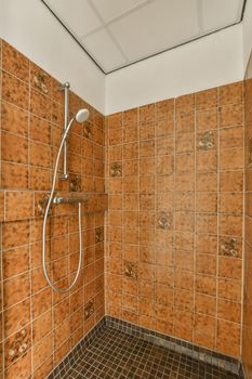 Bathroom in a cozy house with a shower cabin decorated with brown tiles