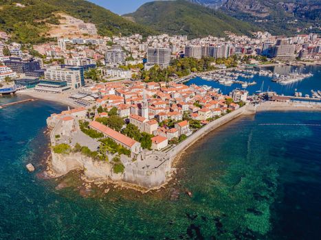 Old town in Budva in a beautiful summer day, Montenegro. Aerial image. Top view.