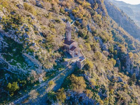 Kotor Old Town Ladder of Kotor Fortress Hiking Trail. Aerial drone view.