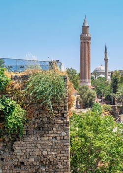 Antalya, Turkey 19.07.2021. Yivli Minare Mosque or Alaaddin Mosque in Antalya, Turkey, on a sunny summer day