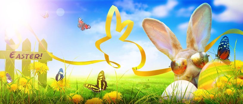 Easter composition with rabbit. Festive decoration. Happy Easter.