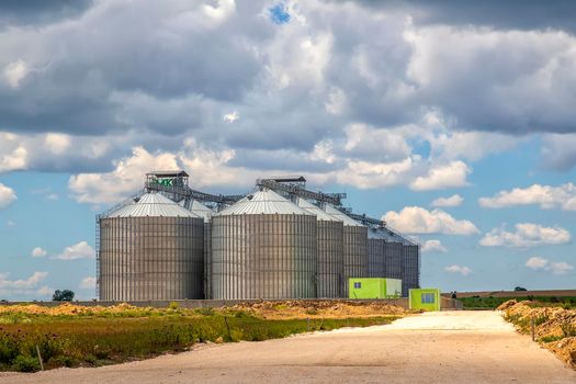 Landscape with modern agricultural Silo. Set of storage tanks cultivated agricultural crops processing plant. 