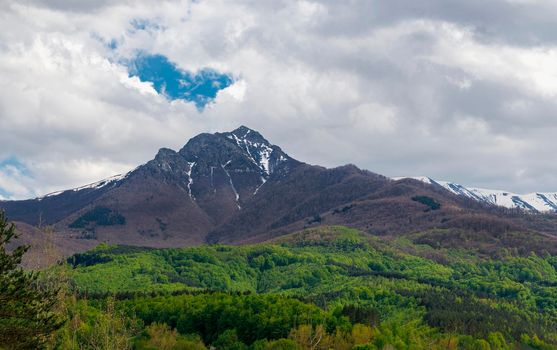 Colorful landscape in spring of big mountain peak and green forest.