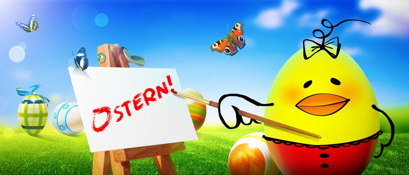 An Easter decoration with Chicken. Easter holiday concept with cute chick.