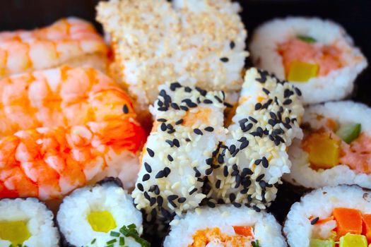A close-up of Japanese food is sushi. Delicious food