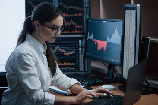 Serious businesswoman. Woman working online in the office with multiple computer screens in index charts.