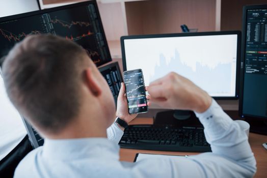 Man working online in the office with multiple computer screens in index charts.
