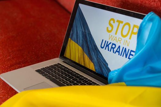 No war message on laptop. Ukraine vs Russia, conflict, cyber attack, invasion, army soldier. Hope for peace