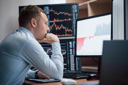 Thinks what to do next. Man working online in the office with multiple computer screens in index charts.