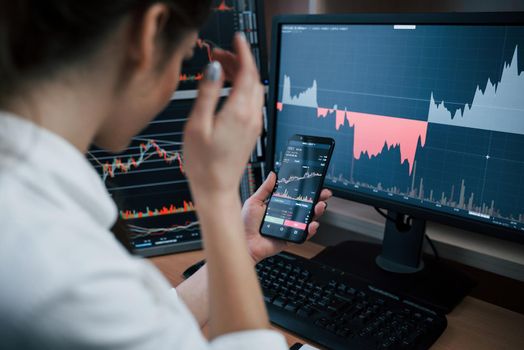 Entrepreneur looks at the project information. Woman working online in the office with multiple computer screens in index charts.