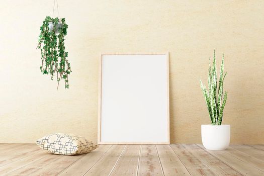 Vertical frame mockup standing on wooden floor in living room interior with green plants, ceramic pots and pillow on concrete wall background. 3d illustration
