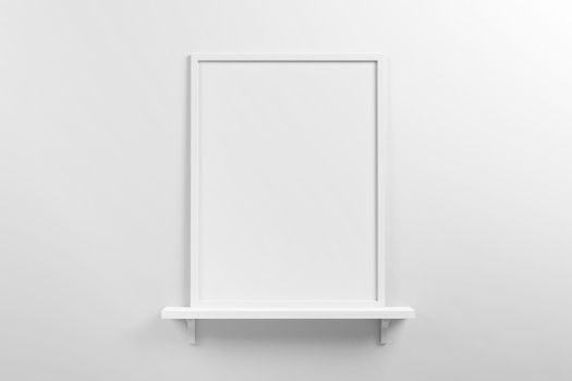 Small vertical white wooden frame mockup in scandinavian style interior on a shelf on empty neutral white wall background. 3d illustration