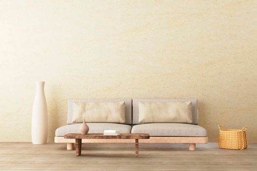 Warm neutral style interior mockup with low sofa, ceramic jug, side table on empty concrete wall background. 3d illustration.