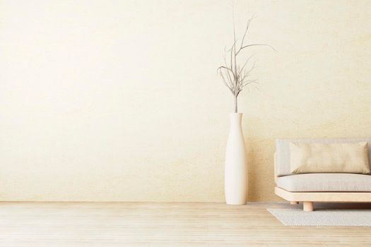 Interior wall mockup in warm neutrals with low sofa, beige pillow and dried plant on ceramic pot in style living room with empty concrete wall background. 3D illustration