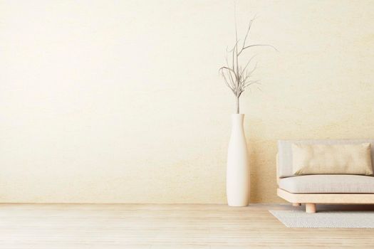 Interior wall mockup in warm neutrals with low sofa, beige pillow and dried plant on ceramic pot in style living room with empty concrete wall background. 3D illustration
