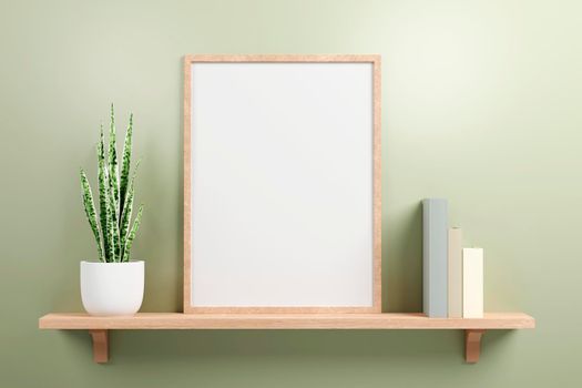 Small vertical wooden frame mockup in scandinavian style, green plant on ceramic pot and colored pastel books on a wooden shelf on green wall background. 3d render