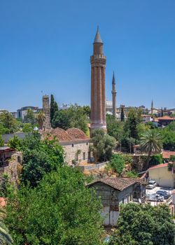 Antalya, Turkey 19.07.2021. Yivli Minare Mosque or Alaaddin Mosque in Antalya, Turkey, on a sunny summer day