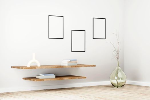 Black frames on white wall in bright interior with plants on floor in glass pot and books on wooden shelves.3d render