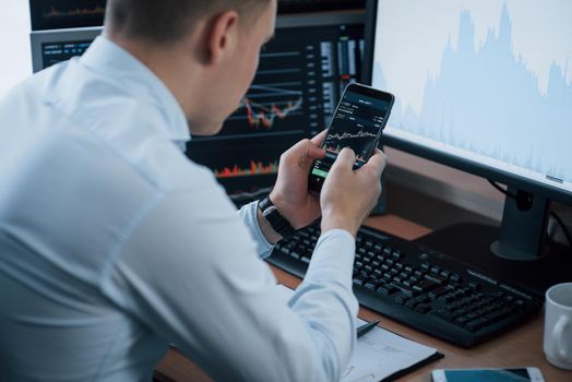 Using smartphone. Man working online in the office with multiple computer screens in index charts.