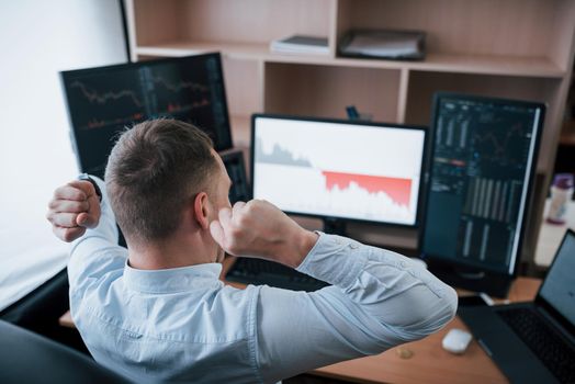 It's victory. Man working online in the office with multiple computer screens in index charts.