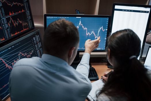 View from the back. Team of stockbrokers are having a conversation in a office with multiple display screens.