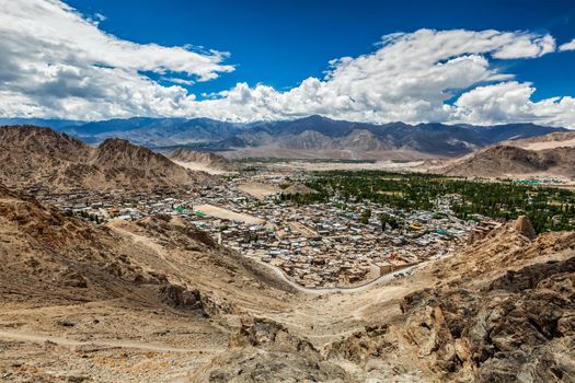 View of Leh city in Indus valley from above in Himalayas. Ladakh, Jammu and Kashmir, India