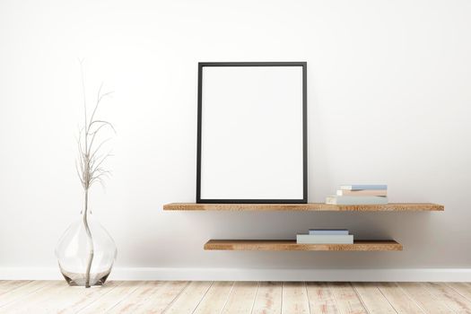 Black frame standing on rustic wooden shelf, pastel colored books, dried plant into a glass jug on floor, in bright interior living-room.3d illustration