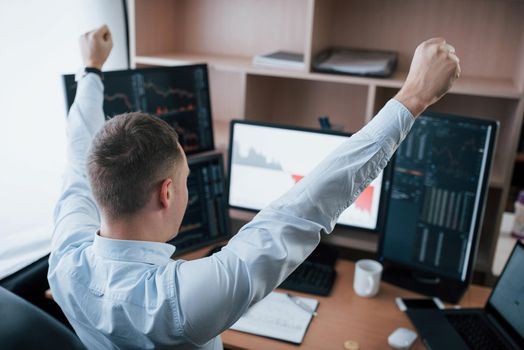 Hands up because of success. Man working online in the office with multiple computer screens in index charts.