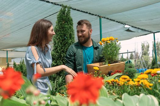 Garden centre worker selling potted plant to female customer