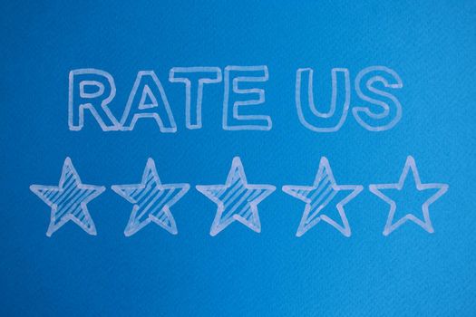 Inscription Rate us and stars with customer reviews. Recommendation quality and services concept