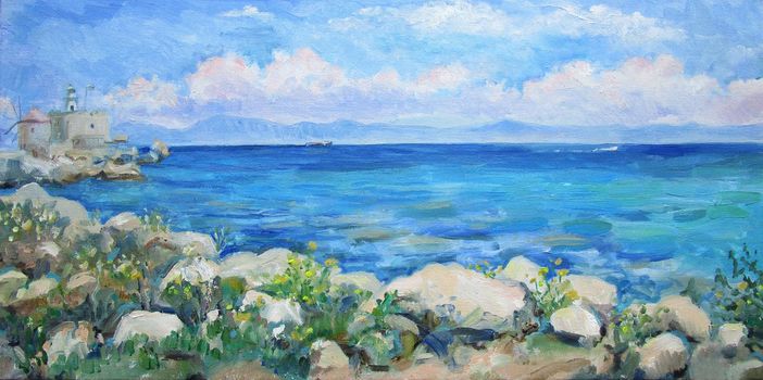 mediterranean sea near the island of rhodes. High quality illustration