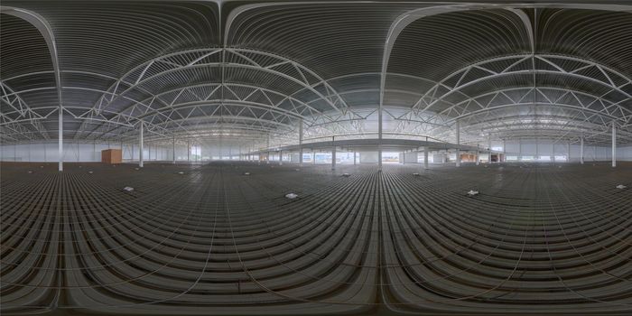 Spherical panorama of indoor construction site before concrete floor fill.