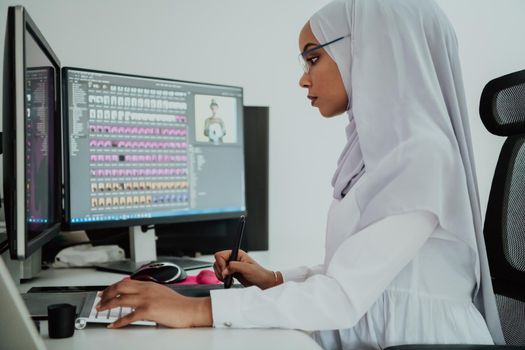 Young Afro-American modern Muslim businesswoman wearing a scarf in a creative bright office workplace with a big screen. High-quality photo