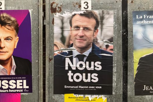 PARIS, FRANCE - APRIL 06, 2022 : The banners with candidates for President elections