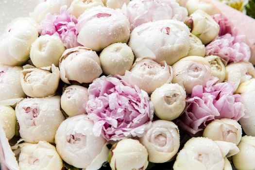 Pink and white peonies with raindrops in a bouquet.