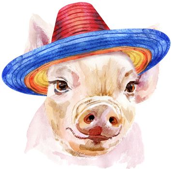 Cute piggy in sombrero hat. Pig for T-shirt graphics. Watercolor pink mini pig illustration