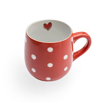 Red mug with white polka dots isolated on white - gift for Valentine's Day. Square frame