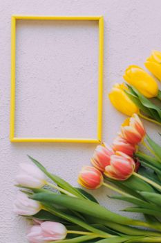 Tulips and a frame on a gray background . Tulips of kopi space. Gray background. Mockup . Space for text. A greeting card. Tulips on a gray background. Spring flowers. March eighth. Mother's Day. Birthday