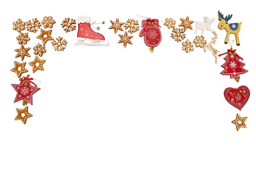 Red Christmas wooden flat toys with ornament and bells with sparkles and gingerbread in a row isolated on white. Christmas card.Red Christmas wooden flat toys with ornament and bells with sparkles and gingerbread in a row isolated on white. Christmas card.