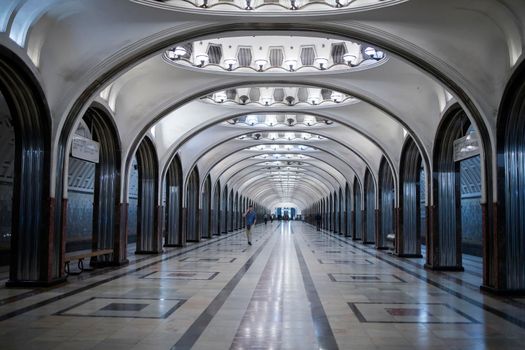 MOSCOW - AUGUST 22, 2016: Mayakovskaya subway station in Moscow, Russia. A fine example of Stalinist architecture and one of the most famous Metro stations in the world. Opened in 1938