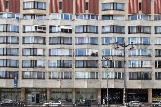 Saint Petersburg, Russia - August 17, 2021: Multi-storey block house built in the seventies. Facade