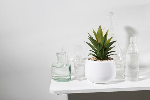 A set of bottles of different shapes with water and a pot with artificial succulent is on the dresser. Copy space
