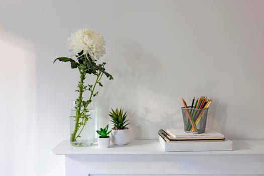 Large white chrysanthemum in a transparent glass vase and two artificial succulents on the table. Pencils in a metal pencil case and a stack of spring-loaded notebooks. Copy space