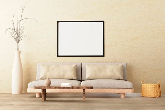 Horizontal poster mockup in neutral style interior living room with low sofa, ceramic jug, side table, wicker basket and books on empty concrete wall background. 3d render.