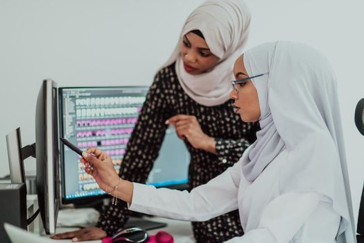 Friends at the office are two young Afro-American modern Muslim businesswomen wearing scarfs in a creative bright office workplace with a big screen. High-quality photo