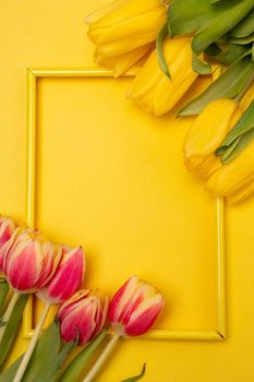 Tulips and a frame on a yellow background . Tulips of kopi space. Yellow background. Mockup . Space for text. A greeting card. Tulips on a yellow background. Spring flowers. March eighth. Mother's Day. Birthday