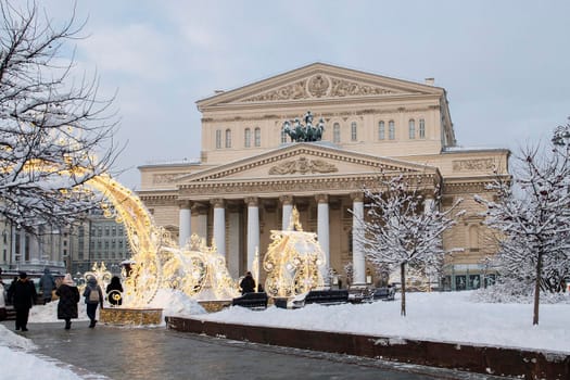 Moscow, Russia - 20 December 2021, The square in front of the Bolshoi Theater, decorated for the New Year with decorations